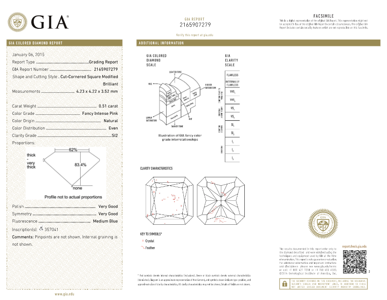 0.51ct Pink Diamond, Radiant Shape, SI2 Clarity