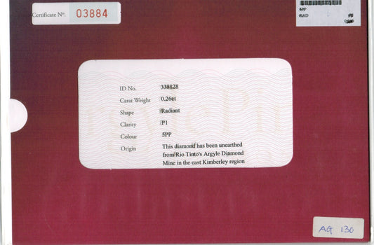 0.25ct Purplish Pink Diamond, Radiant Shape, I1 Clarity