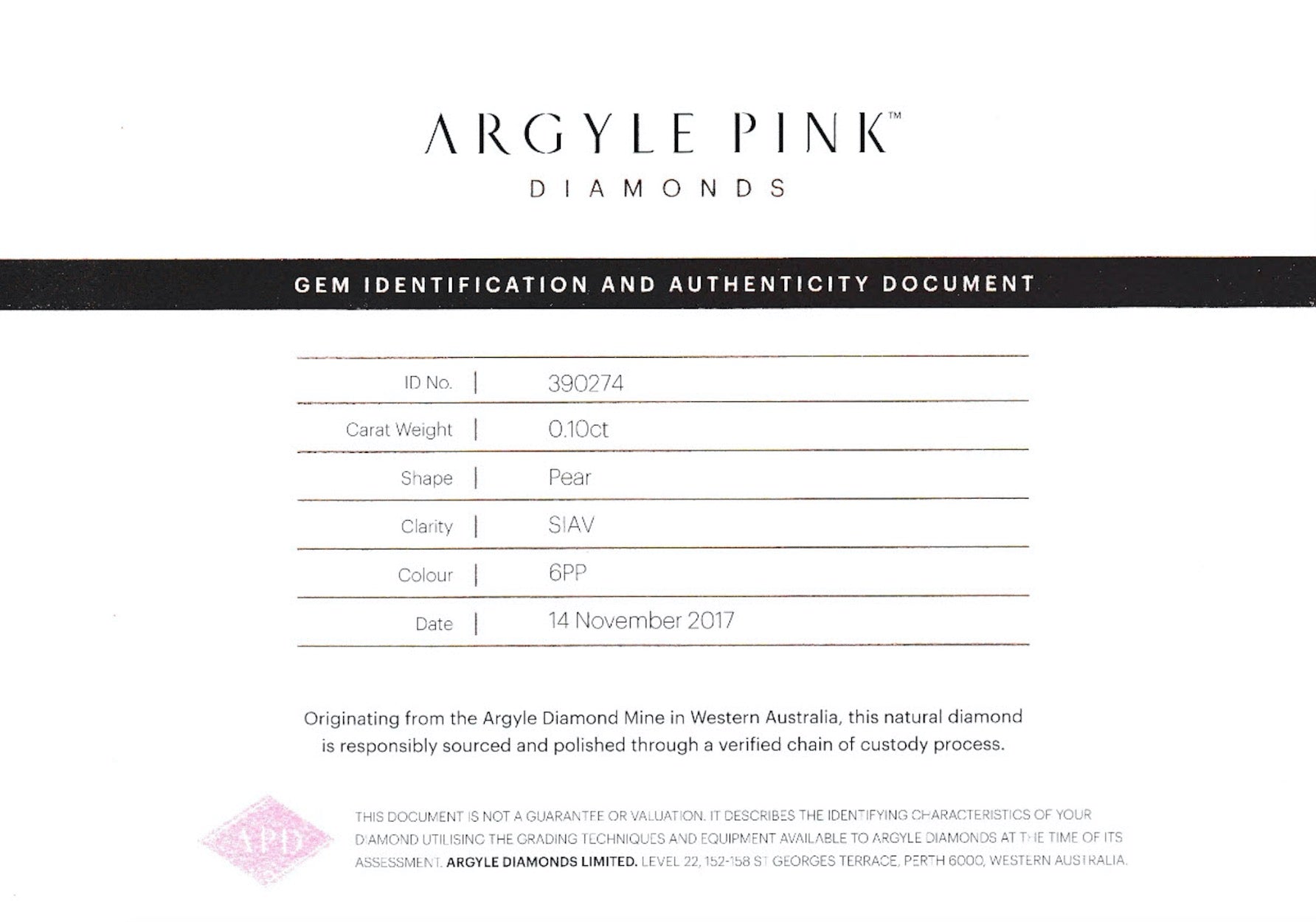 Pair of 0.20ctw Argyle 6PP Diamonds, Pear Shape, SIAV