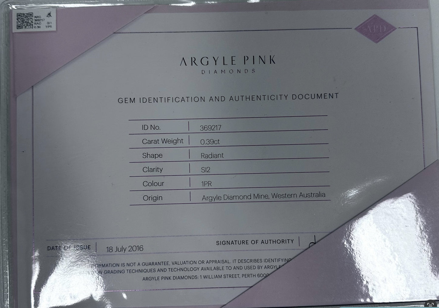 0.36ct Pink Rosé Diamond, Radiant Shape, SI1, Argyle & GIA